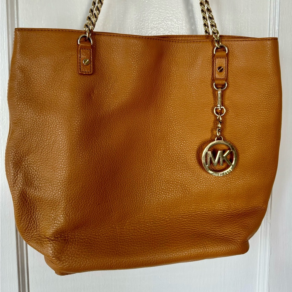 MICHAEL KORS Brown Pebbled Leather Gold Chain Handle Shoulder Bag